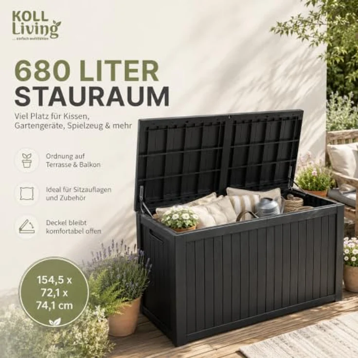 Koll Living Gartenbox 'Cedar', 680 Liter, Schwarz, abschließbar, wasserdicht, UV- & witterungsbeständig, Holzoptik – Bild 5