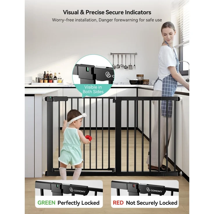 COMOMY 75-131cm Treppenschutzgitter Ohne Bohren, Türschutzgitter Automatisches Schließen mit Grün/Rotem Schild, Baby schutzgitter Kindergitter Hundegitter für Treppe (76cm Hoch, Schwarz) – Bild 3