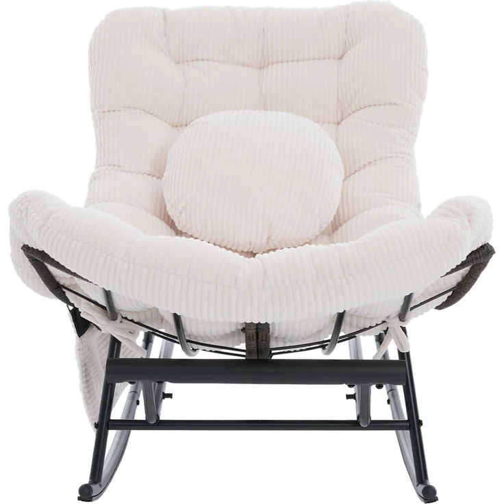 LVHOM Schaukelstuhl mit ausziehbarer Fußstütze, Rattanstuhl mit Stahlrahmen, Schaukelsessel mit gepolstertem Kissen und Seitentasche, Lounge Sessel, 1 St, Beige – Bild 10