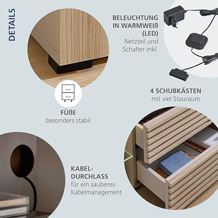 Goal 2 TV-Lowboard mit LED-Beleuchtung in Kaschmir, Riva Eiche Optik - TV Schrank mit viel Stauraum für Ihr Wohnzimmer - 179 x 67 x 44 cm (B/H/T) – Bild 6