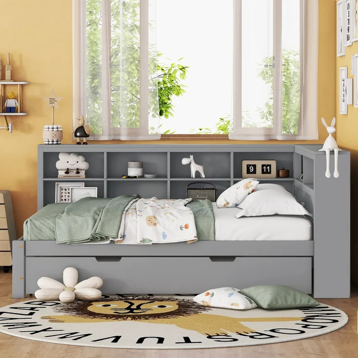 Massivholz Doppelbett 140×200 mit Ausziehbett 90×190, USB-Ladestation & Stauraum, multifunktionales Schlafsofa,Grau – Bild 3