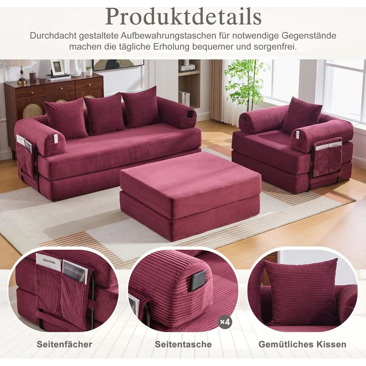 ZUBALIYA Ecksofa 94x67 cm, mit Ablageflächen, mit Cordbezug, mit breiten Armlehnen, modular aufgebaut, mit Schaumstoffpolsterung – Bild 5