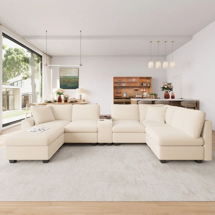 Merax Ecksofa mit USB & Type-C, L-/U-Form Sofa aus Cordstoff, Modulares Ecksofa 311 x 139 x 85 cm 1 Teile, 6-Sitzer-Sofa mit Ottomane, Mittelkonsole, Getränkehalter & Stauraum – Bild 3