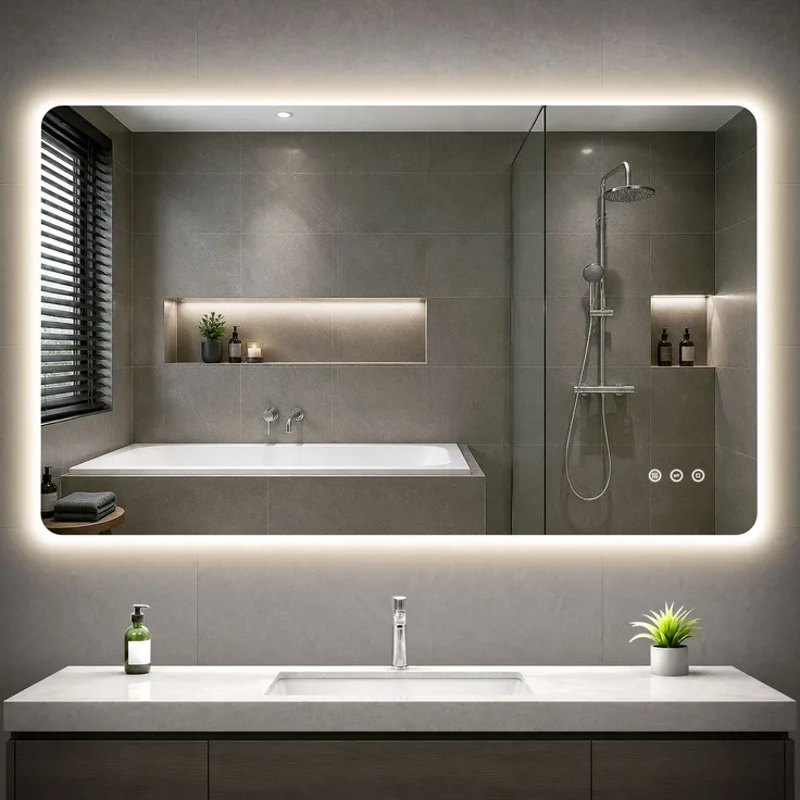GIMBELEN LED Badezimmerspiegel 100x60 cm, beleuchteter Wandspiegel, 3 Lichtfarben, dimmbar, Memory-Funktion, IP44, rückseitig beleuchtet, für Bad, WC, Flur, Schwarz