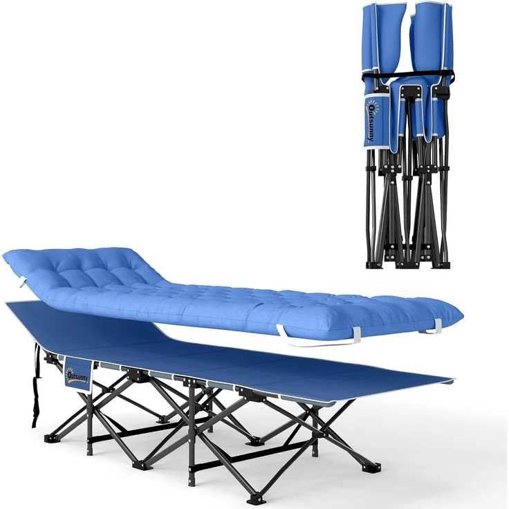 Outsunny Feldbett mit Matratze, Kopfkissen, Seitentasche (Gästebett bis 150 kg, 1-St, faltbar Campingbett) 190 x 65 x 37 cm, für Outdoor, Garten Camping Reisen Blau