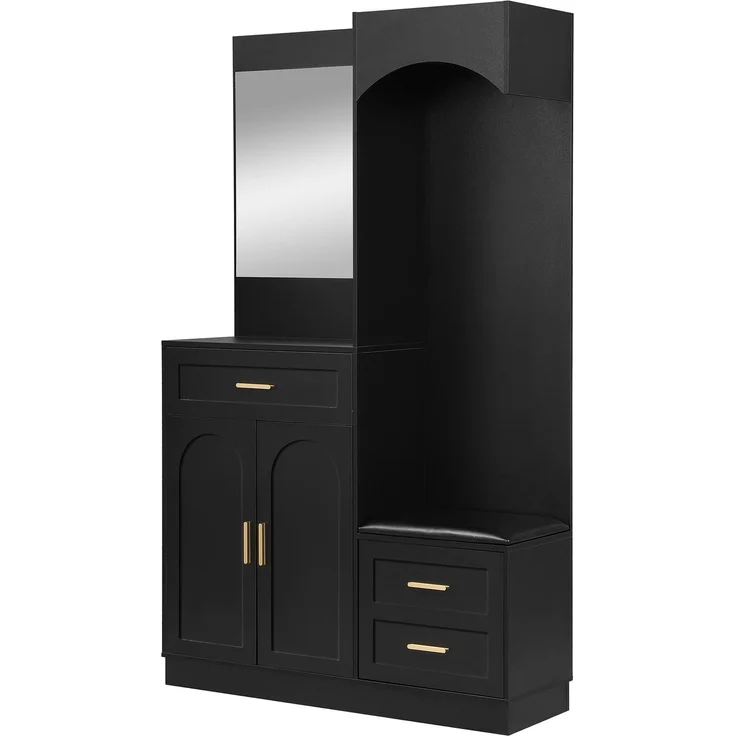DESVIAE Garderobenschrank mit Spiegel und Schuhbank 110x185,5x33 cm MDF Schwarz – Bild 4