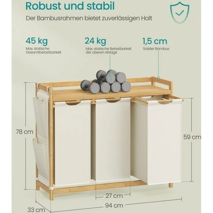 SONGMICS Wäschekorb 3 Fächer, Bambus, 150 L, mit Ablage, kleine seitliche Taschen, 3 x 50 L, cremeweiß, 94 x 33 x 78 cm – Bild 5