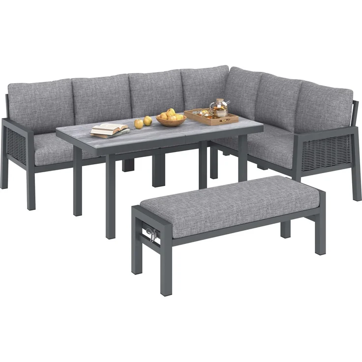 Merax Gartenlounge-Set, Gartenmöbel-Set 7 Sitzer, Gartensofa Eckstellung, mit Esstische, Bänke und Sofas, grau – Bild 10