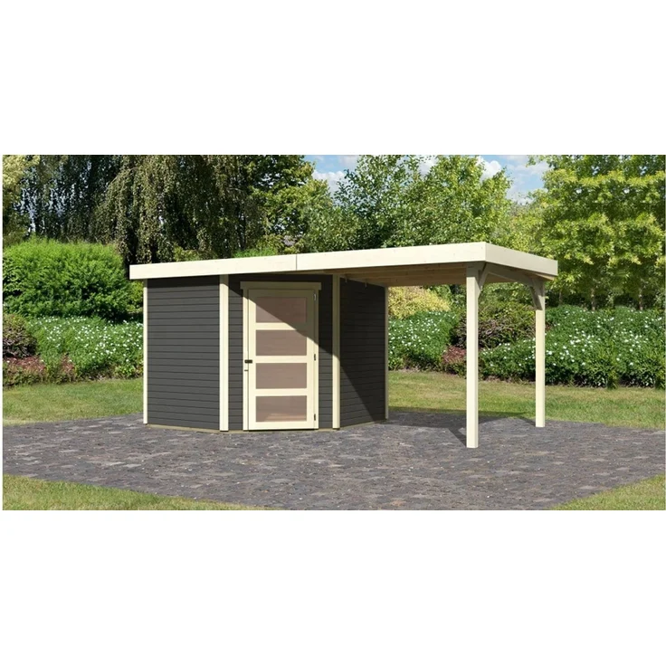 Karibu Gartenhaus 19mm Schwandorf 5 mit Anbau 2,40m Terragrau nur Anbau – Bild 1