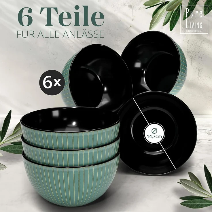 Steingut Müslischalen 6 Pers. Tokyo Hochwertiges Asia-Style TEST SEHR GUT Müsli Schüssel Set - Kleine Schüsseln, Müslischale - 6 Personen Geschirrset Pure Living in Grün – Bild 3