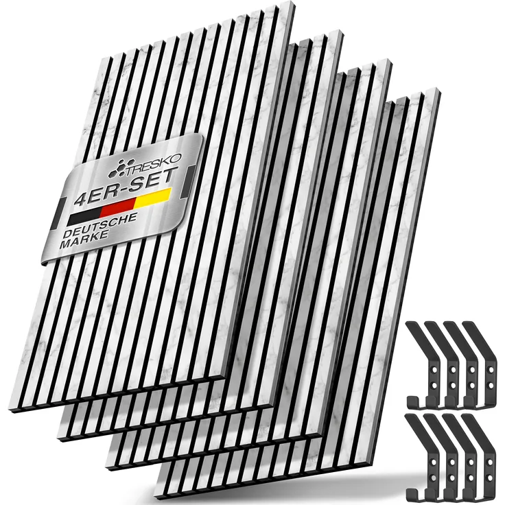 TRESKO® 4 Stück Akustikpaneele Holz 120×60 cm inkl. 8x Kleiderhaken | Wandverkleidung Weiß/Marmor als 3D Lamellenwand | Holzpaneele Paneele für Schallschutz | Akustik Wandpaneele mit Montageset