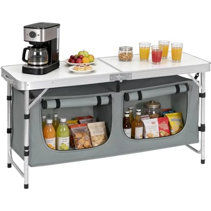 WOLTU faltbar Campingschrank Alu Campingtisch Höhenverstellbar mit Stauraum, Outdoor Campingmöbel Klapptisch Gartentisch für Picknick Strand im Freien, Weiß+Grau – Bild 10