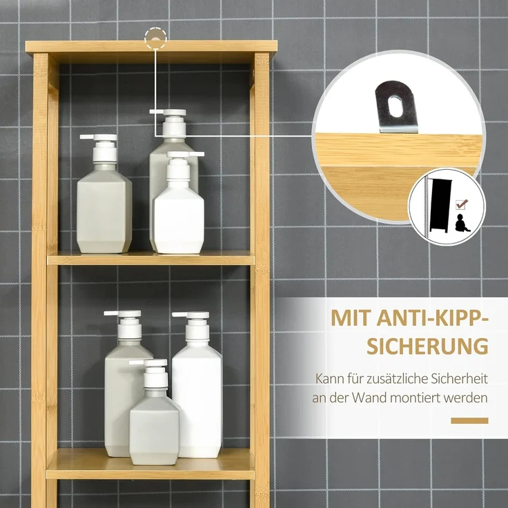 Kleankin Badkommode Badschrank mit 3 offenen Fächer und 1 Schrank (Badmöbel, 1 St, Badezimmerschrank), Natur 34 x 30 x 173 cm – Bild 7