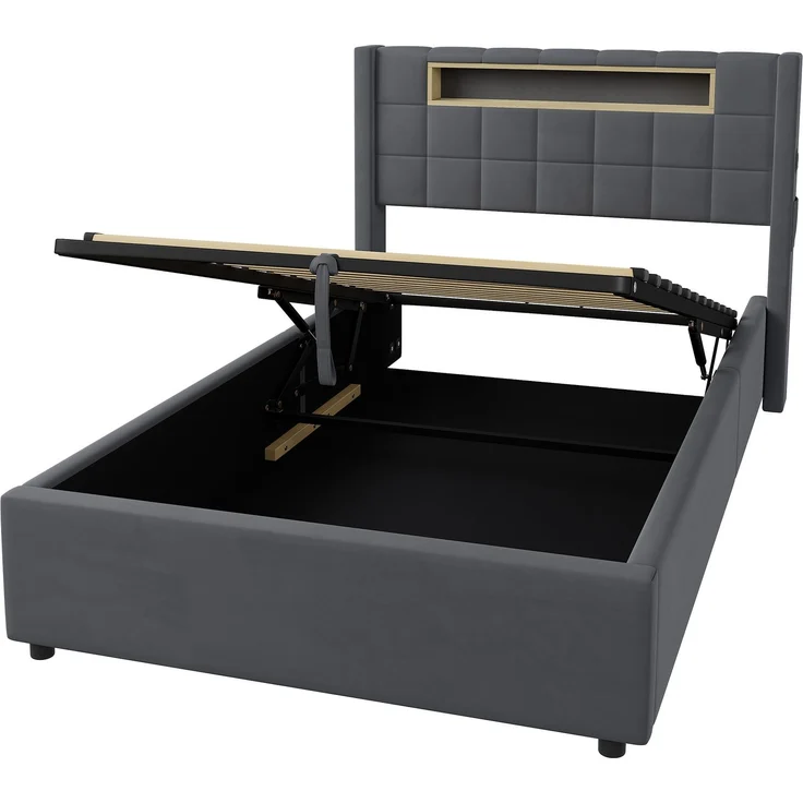 Polsterbett 90x200 cm mit hydraulischem Stauraum, LED-Beleuchtung und USB-Anschlüssen – Ohne Matratze – Bild 10
