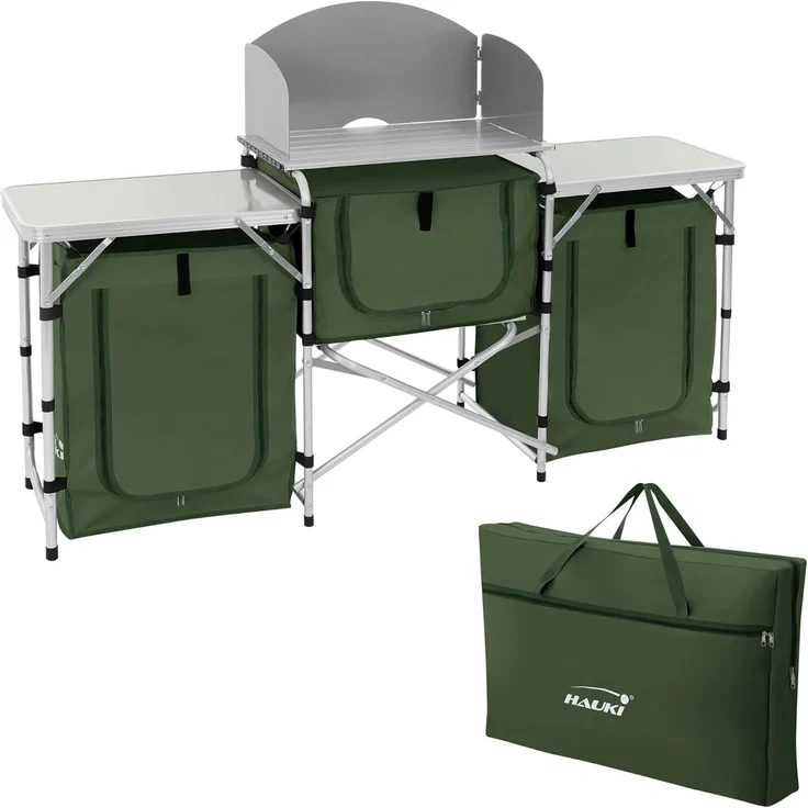 Hauki Campingschrank Camping Küche faltbar mit Tragetasche und Windschutz Outdoorküche aus Aluminium mit Arbeitsplatte 174,5x40x110,5 cm Khaki