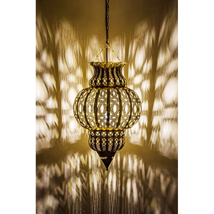 Marrakesch Orient & Mediterran Interior Orientalische Pendelleuchte Isfahan, Gold 50cm, E27 Fassung, Handarbeit aus Marokko, traumhafte Lichtreflexionen und orientalische Schattenspiele – Bild 5
