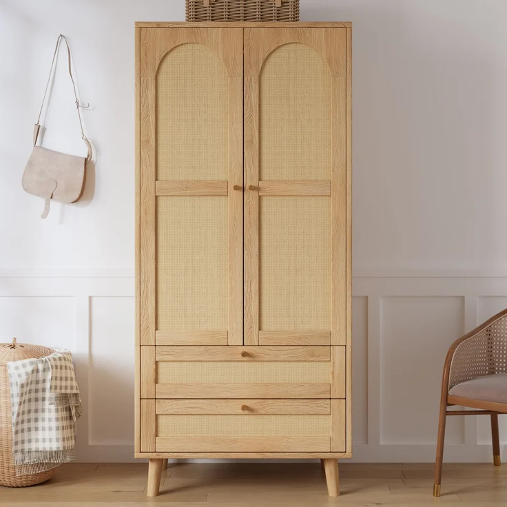Kleiderschrank in Naturholz-Optik, Mehrzweckschrank mit Rattan-Design, Kleiderstange, Ablagefächern und 2 Schubladen, moderner Garderobenschrank für Schlafzimmer, Flur und Ankleidezimmer--Natürlich--80x50x180cm--YOUDENOVA – Bild 2