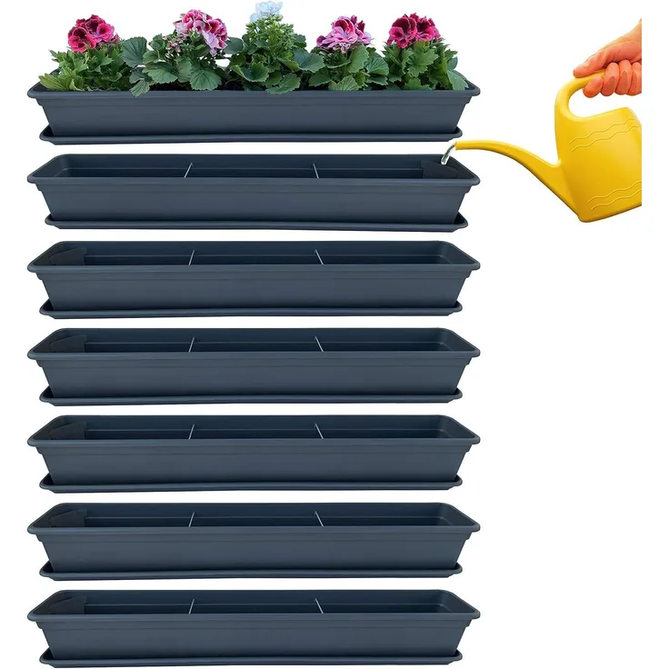 6er Blumenkasten Set Balkonkasten Pflanzkasten Anthrazit mit Bewässerungssystem und Balkonkasten Untersetzer 100cm