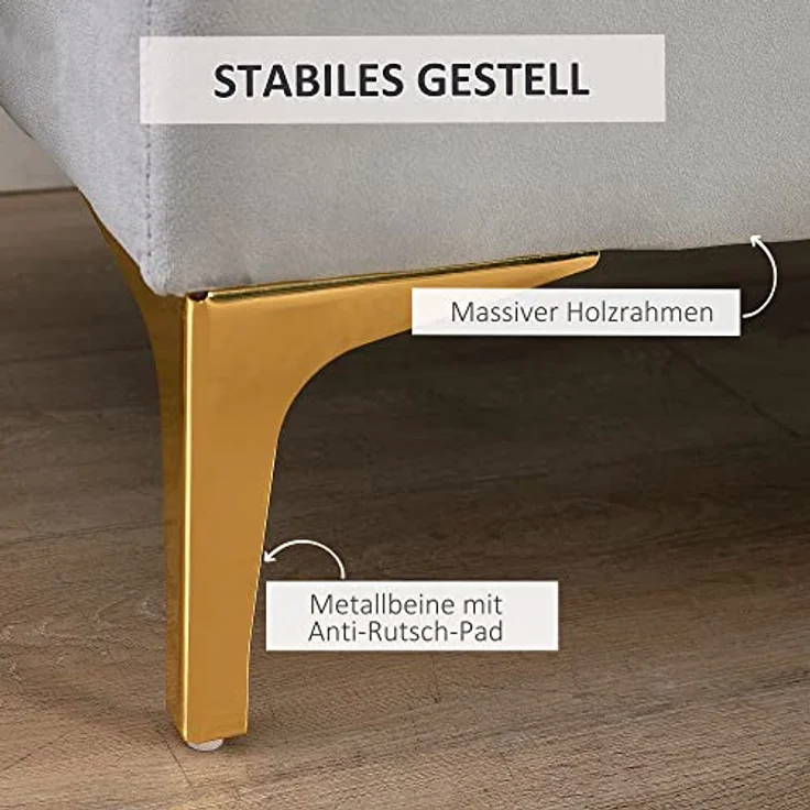 HOMCOM Polsterbank Schlafzimmerbank mit erhöhten Beine (Sitzottomane, 1-St, Sitzbank), Samt Hellgrau+Gold 118 x 45 x 42 cm – Bild 7