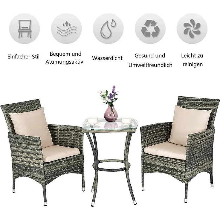 COSTWAY 3 tlg. Polyrattan Gartenmöbel Rattanmöbel Rattan Sitzgruppe Sitzgarnitur Balkon-Set Gartengarnitur mit Glastisch & Kissen – Bild 3