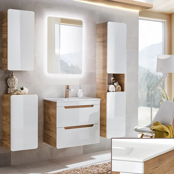 Badezimmermöbel Set Hochglanz weiß mit Wotan Eiche Nb. LUTON-56 61 cm Keramik Waschtisch & LED-Spiegel, B/H/T ca. 160/200/46 cm – Bild 1
