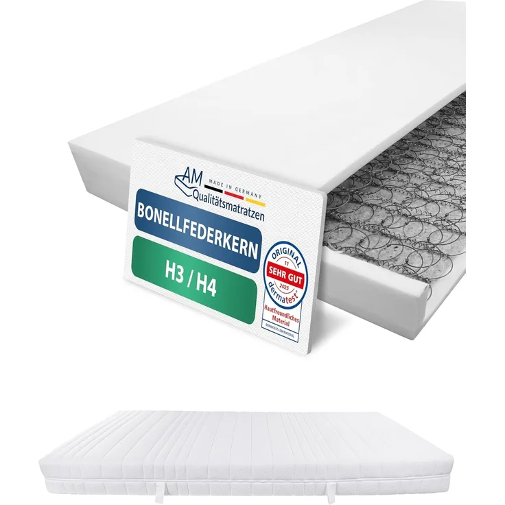 AM Qualitätsmatratzen - Bonellfederkernmatratze 80x200 cm H3 / H4-19cm Höhe - Made in Germany - Hochwertiger Bezug aus Doppeltuch mit versteppter Klimafaser (200g/ m²)