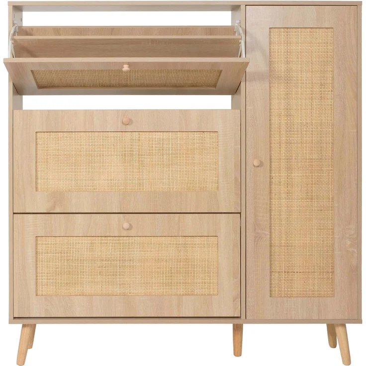 Rattan-Schuhkipper HWC-M37, Schuhregal Schuhschrank, 3 Kippfächer 2 Regalböden 127x120x24cm Holz Melamin ~ Eiche-Optik – Bild 9