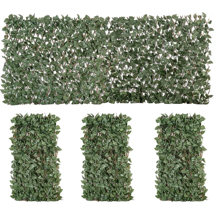 4er-Set künstliche Efeu-Hecken, dehnbare Wandblätter als Sichtschutz aus Polyester-Weide, 200 x 100 cm, grün