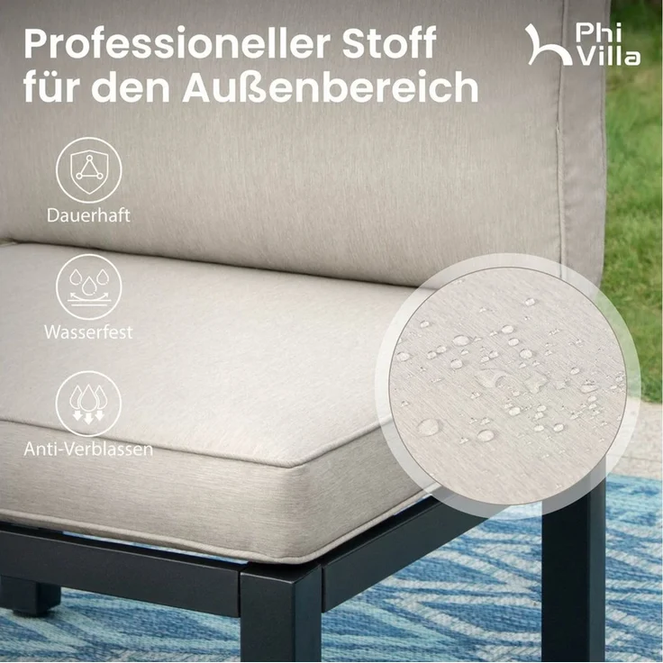 PHI VILLA Gartenlounge-Set, (Gartenmöbel Balkonmöbel mit Verstärkten Kissen und Kaffeetisch), Metall Lounge Möbel Outdoor Gartenlounge, Beige – Bild 2