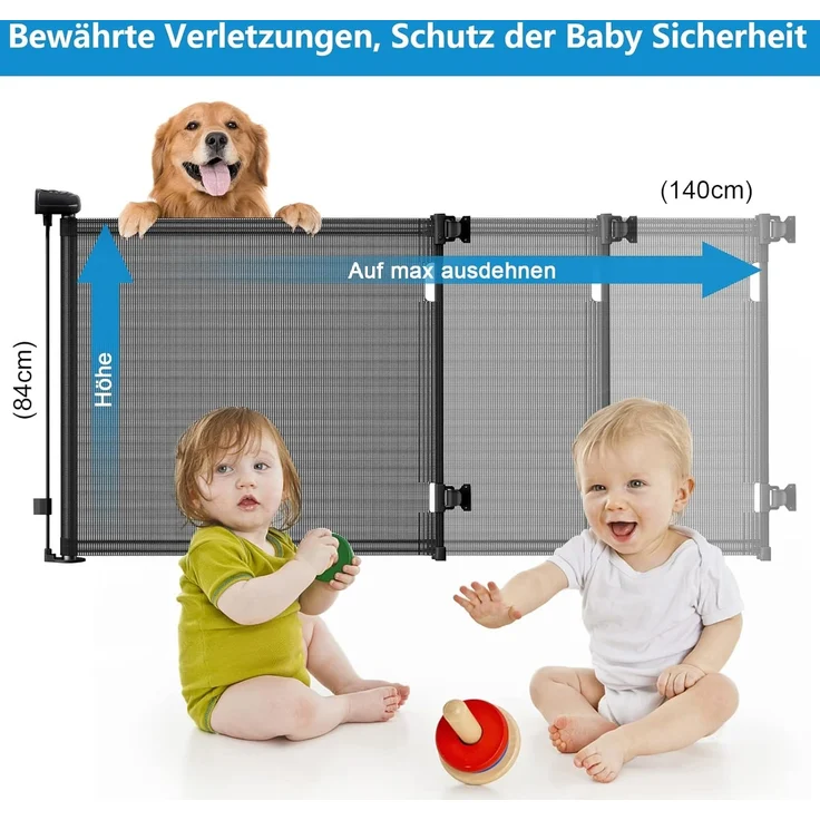 Reppenschutzgitter Ausziehbare für Babys,0-140 cm,83 cm Hoch Baby Absperrgitter Treppenschutzrollo,Einhändig Bedienbar,Geeignet für Treppen/Türen/Innen & Außen türschutzgitter (140cm/schwarz) – Bild 5