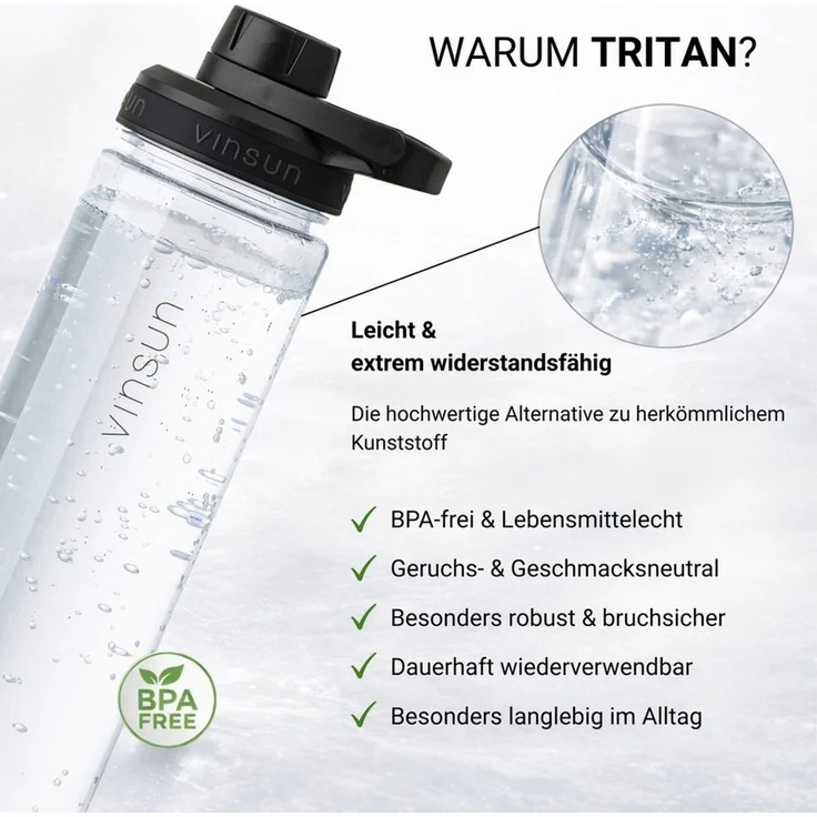 Vinsun Trinkflasche Sportflasche 750ml - Wasserflasche BPA frei & Kohlensäure geeignet, Auslaufsicher, bruchsicher, wiederverwendbar, leicht, Tritan Flasche – Bild 3