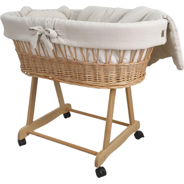 Wiklinopol Stubenwagen aus Weide mit Gestell & Matratze Amelia – Moseskorb in Natur – Set Musselin-Bettwäsche in Beige – Weidenkorb, Tragbar, Ideal für Neugeborene