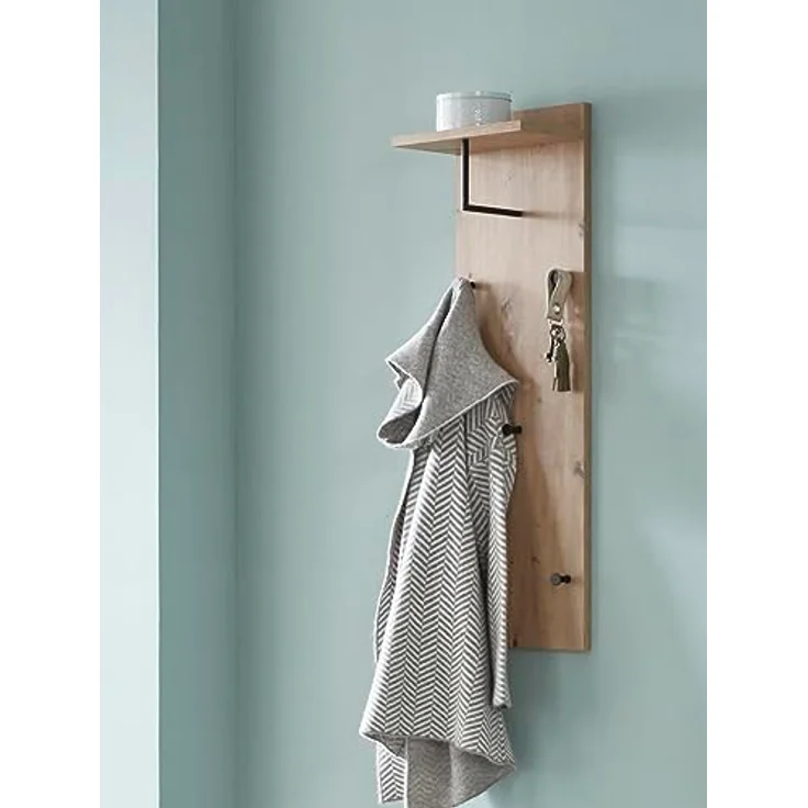 XXXL Garderobenpaneel, Schwarz und Eiche, mit 5 Haken und Hutablage, 30x100x20 cm, Wandgarderobe – Bild 2