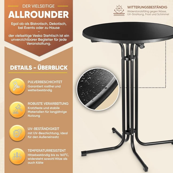 VESKA Stehtisch Ø 80cm inkl. Husse, Gastro Bistrotisch (klappbar Indoor & Outdoor, höhenverstellbare Füße, Klapptisch rund), Partytisch, Empfangstisch, Gartentisch wetterfest – Bild 3