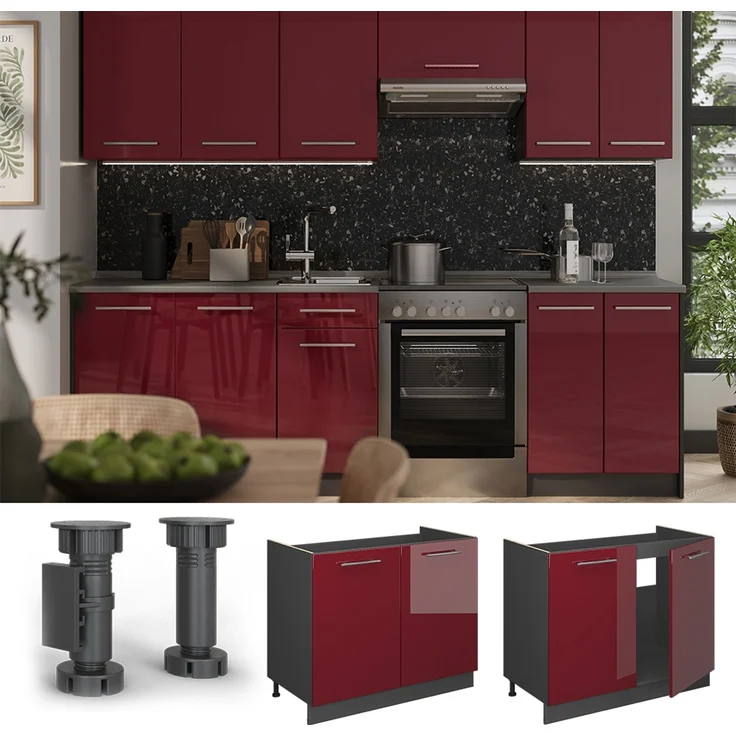 Spülenunterschrank Fame-Line Bordeaux Hochglanz/Anthrazit 100 cm, AP Marmor Vicco – Bild 4