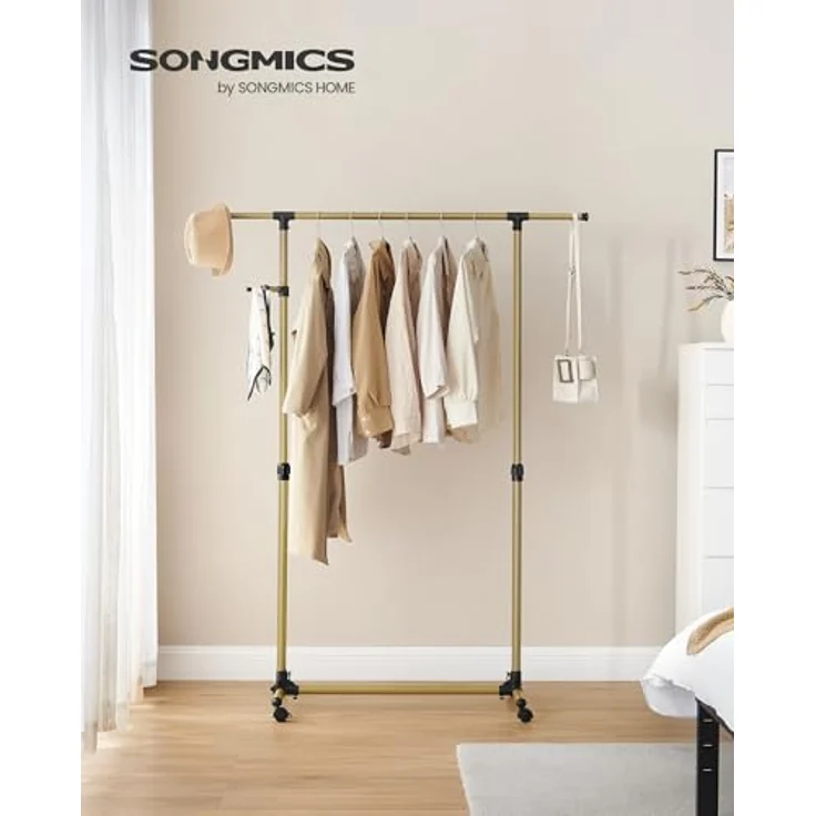 SONGMICS Kleiderständer auf Rollen, Kleiderstange, höhenverstellbar zwischen 97 und 165 cm, ausziehbare Garderobenstange, Garderobenständer, seitliche Haken für Accessoires, blassgold LLR001A01 – Bild 2
