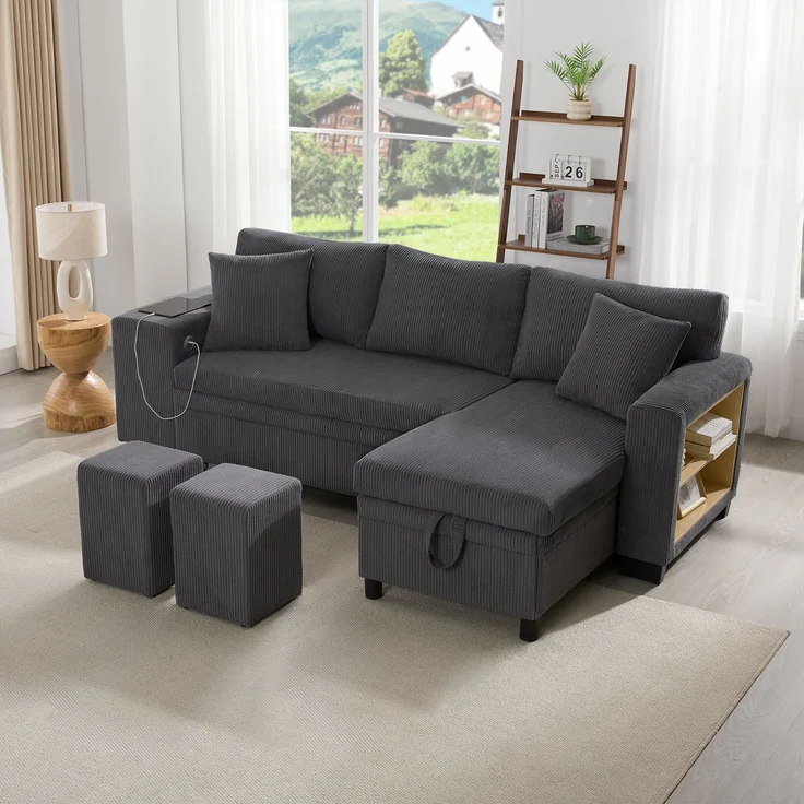 Schlafsofa 231×131,5×84 cm mit Schlaffunktion, Stauraum und USB/Typ-C Cordstoff Grau, modulare L‑Form – Bild 5