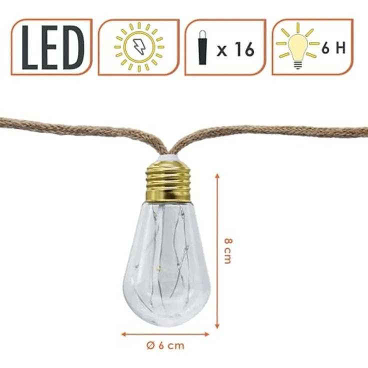 Spetebo Lichterkette Vintage LED Solar Lichterkette, 16-flammig, Garten Deko Beleuchtung mit transparenten Lampen an Naturkordel – Bild 2