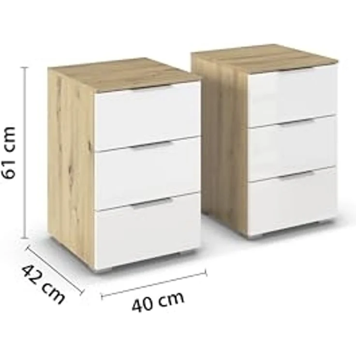 Rauch Möbel Alabama, Nachttisch-Paar für Schlafzimmer, Kinderzimmer, Gästezimmer, mit je 3 Schubladen, Soft-Close-Funktion, Farbe Weiß Hochglanz/Eiche Artisan, Holz, Griff Alufarben, Maße 40 x 61 x 42 cm – Bild 3