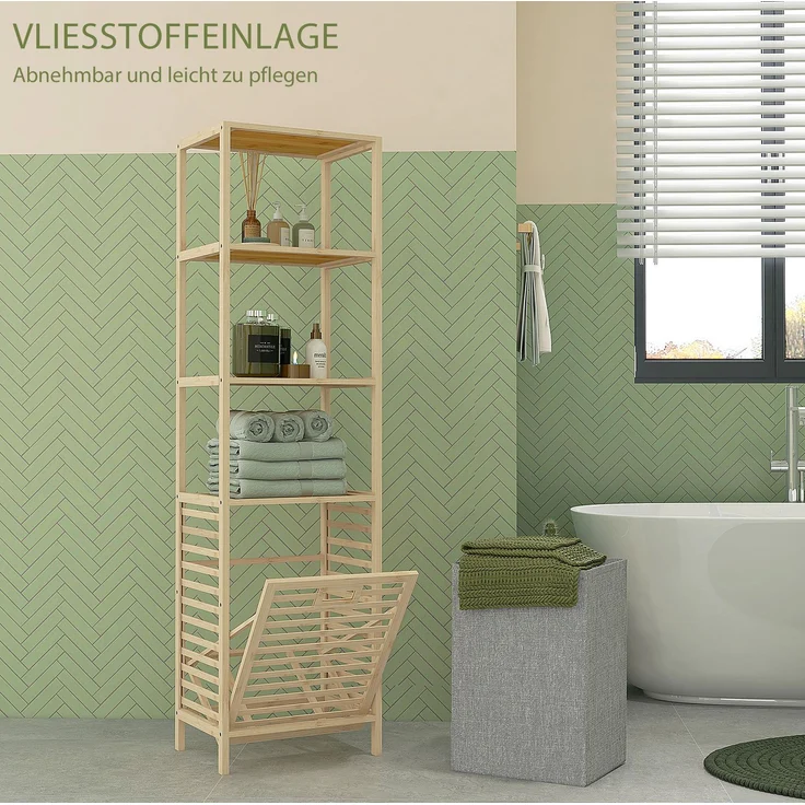 Badregal aus Bambus mit 3 Ablagen und kippbarem Wäschesammler, 44x33x160 cm, Natur – Bild 3