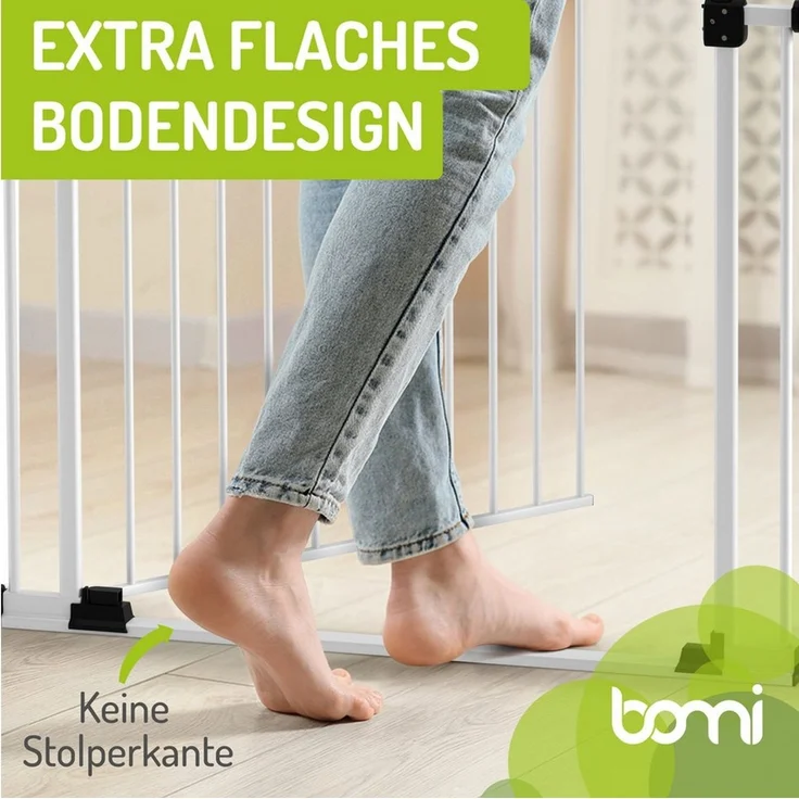 BOMI Türschutzgitter Treppenschutzgitter Merle Flatstep, Babygitter flacher Steg, 63-217 cm (verschiedene Größen, klemm- & verschraubbar), 2-Wege-Öffnung, geprüftes Kindergitter, extra breiter Durchgang – Bild 3