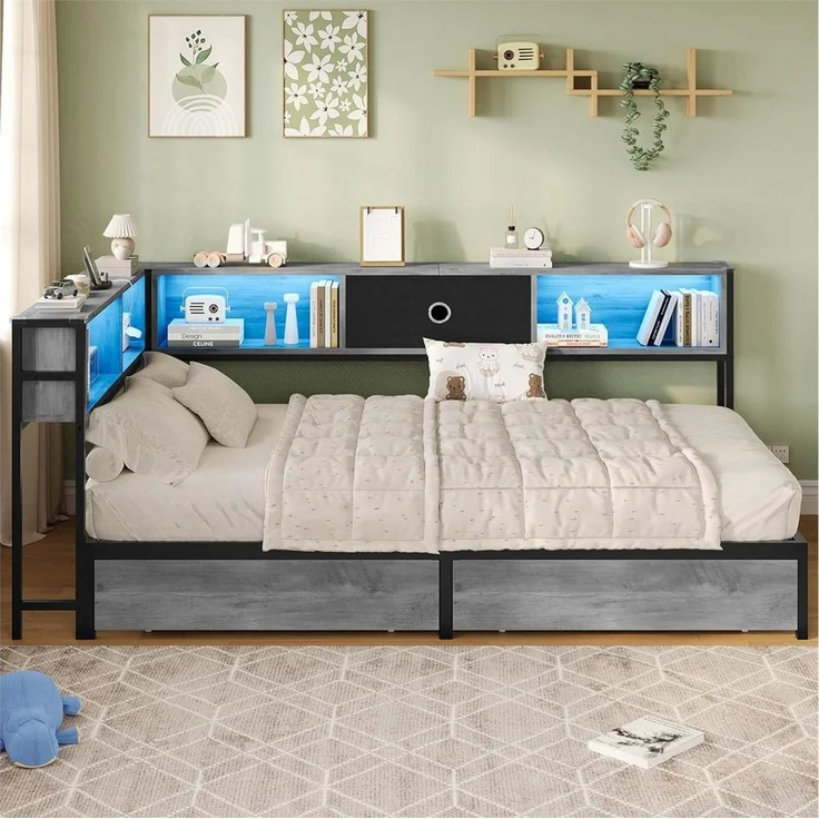 MSMASK Daybett Schlafsofa mit LED-Beleuchtung und Steckdose, Kinderbett, Jugendbett (1 tlg), Bett mit Metallrost, 90x190cm – Bild 2