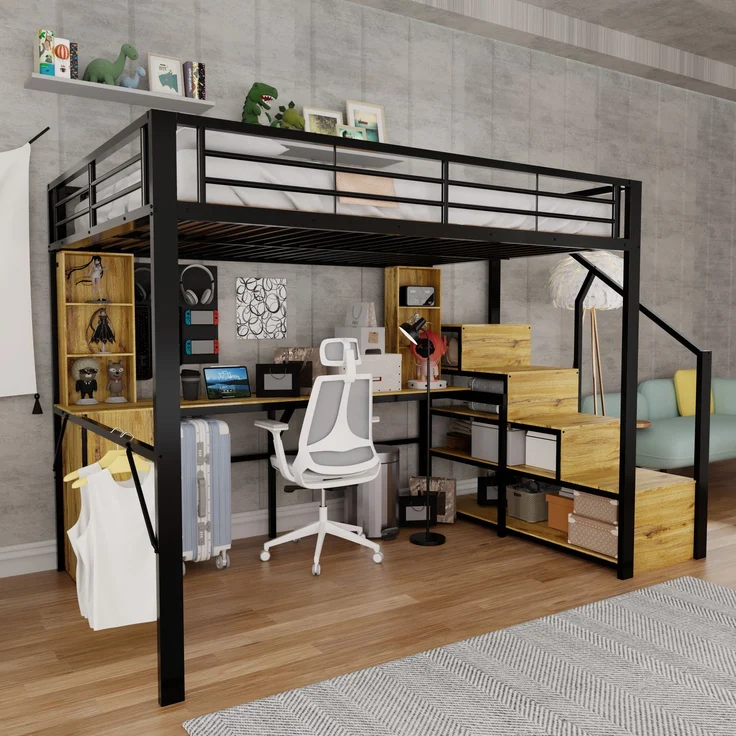 EINHOM Hochbett aus Metall, 140 x 200 cm, mit stabiler Eisenkonstruktion, praktischem Schreibtisch, Ablagefächern, Schrank, Stauraum-Treppe und USB-Ladeanschluss am Tisch – ohne Matratze, in Schwarz – Bild 3