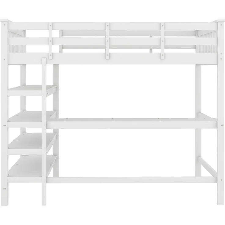 Hochbett 140x200 cm Kinderhochbett mit Schreibtisch, Ablagefächern, Kiefernholz + MDF, weiß, sichere Leiter – Bild 10