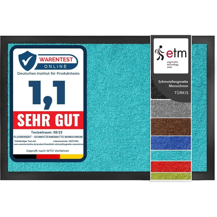 etm Schmutzfangmatte ColorLine | Türmatte in vielen Größen | Fußmatte für Innenbereich | Rutschfester Teppich für Flur, Haustür, Eingang, Eingangsbereich, Vorzimmer - Türkis 90x120 cm