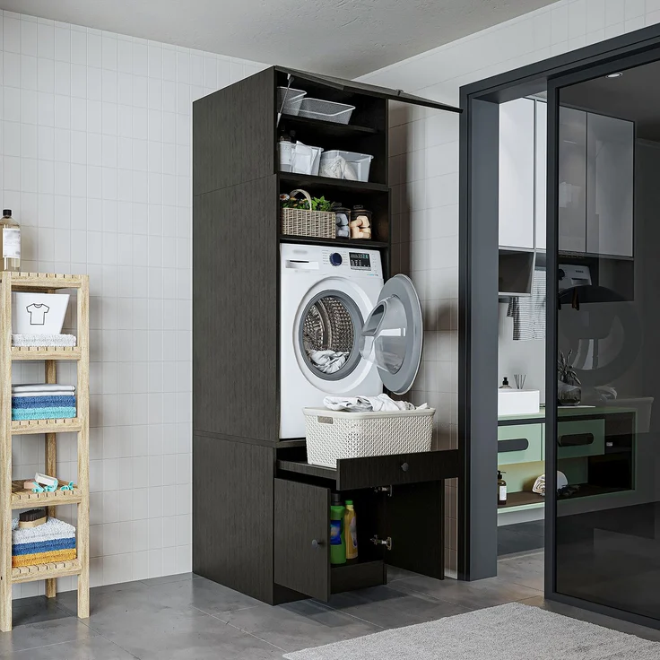 Roomart Waschmaschinenschrank SERIE 1 – 65 cm breit mit Ausziehbrett, Waschmaschinen-Überbauschrank für Waschküche & Bad • Schwarz-Eiche – Bild 2
