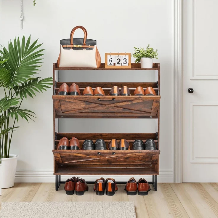 VEVOR Schuhschrank mit 2 Klappen & Kippschutz, platzsparender Schuhkipper, freistehender Schuhregal-Organizer für den Eingang Flur Wohnzimmer Veranda, Vintage Schuhregal 800 x 240 x 973 mm Braun – Bild 2