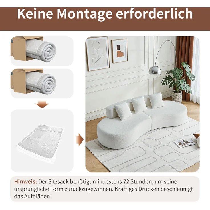 EINHOM Modernes gekrümmtes Bouclé Ecksofa, 3-Sitzer Kompressionssofa, bequem & stilvoll für Wohnzimmer & Apartment, einfache Montage – Bild 5