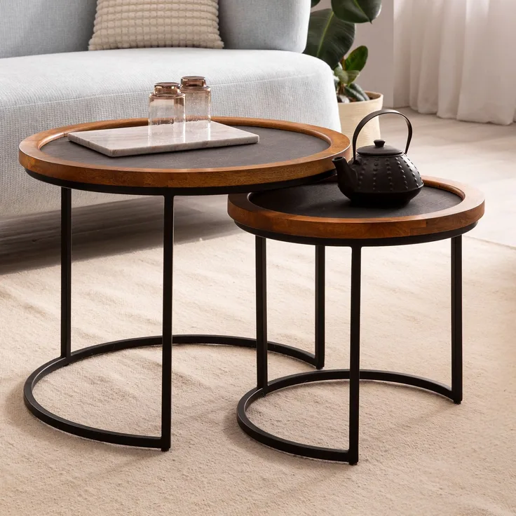 Wohnling Couchtisch 2er Set Mango Massivholz Rund Metallgestell Modern Braun Anthrazit 60x60x46 cm