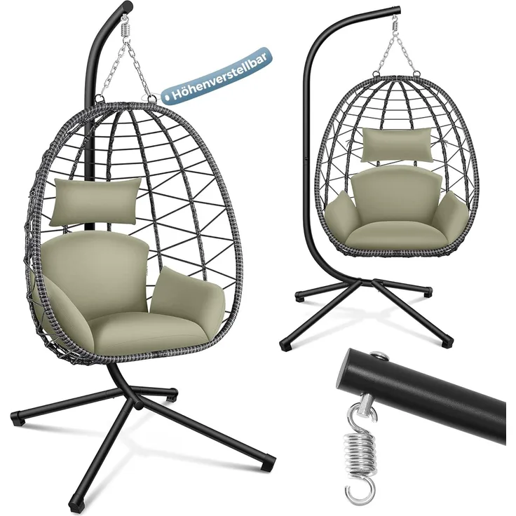 Makika Hängesessel mit Gestell höhenverstellbar aus Polyrattan in Grün / Grau